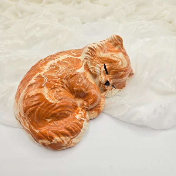 Vintage 1980 Scioto Orange Sleeping Cat Figurine – Orange Marbled Ceramic Kitten - Picture 4 of 13